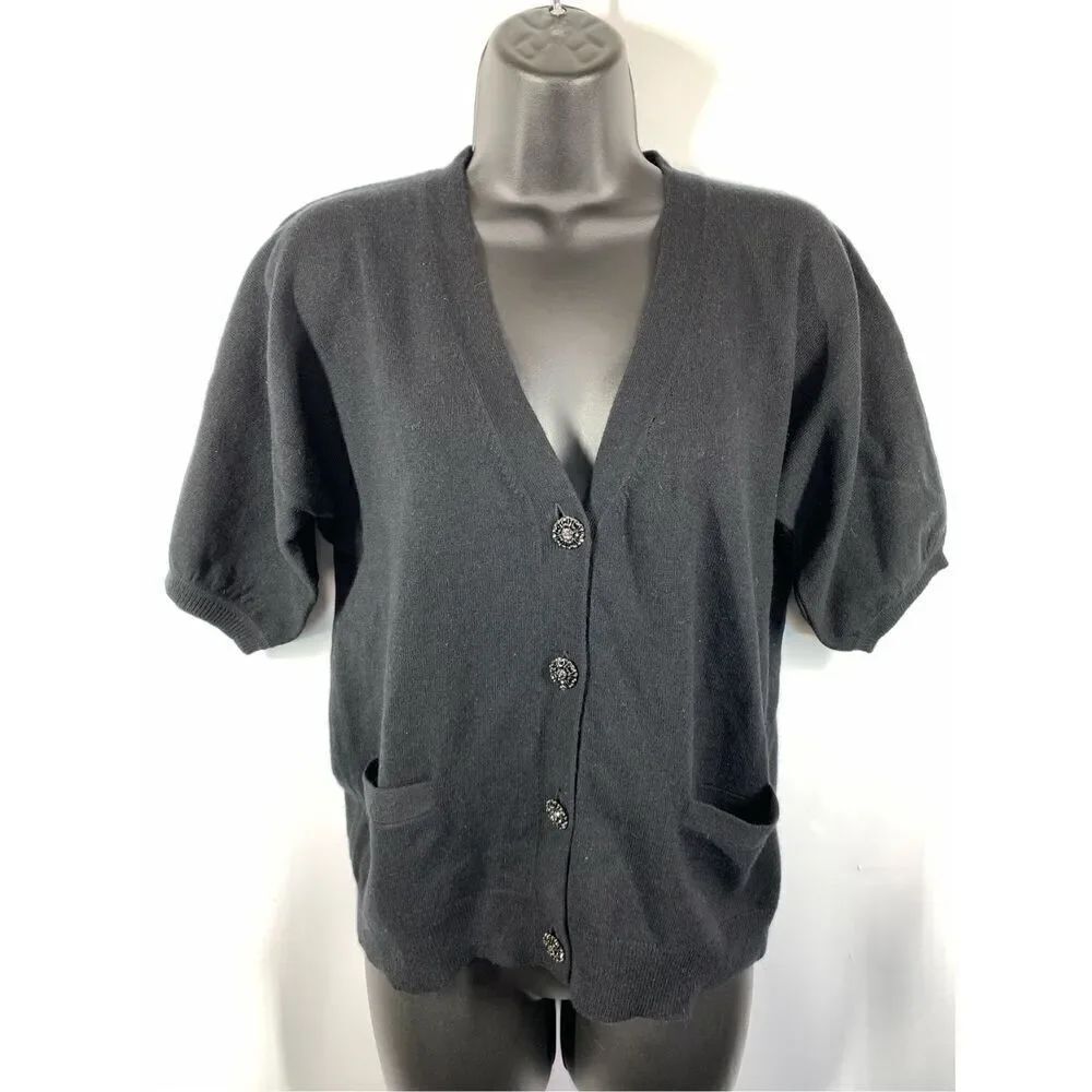 5----- Talbots Black Jeweled Button Front Short Sleeve Sweater Size Petite Mediu